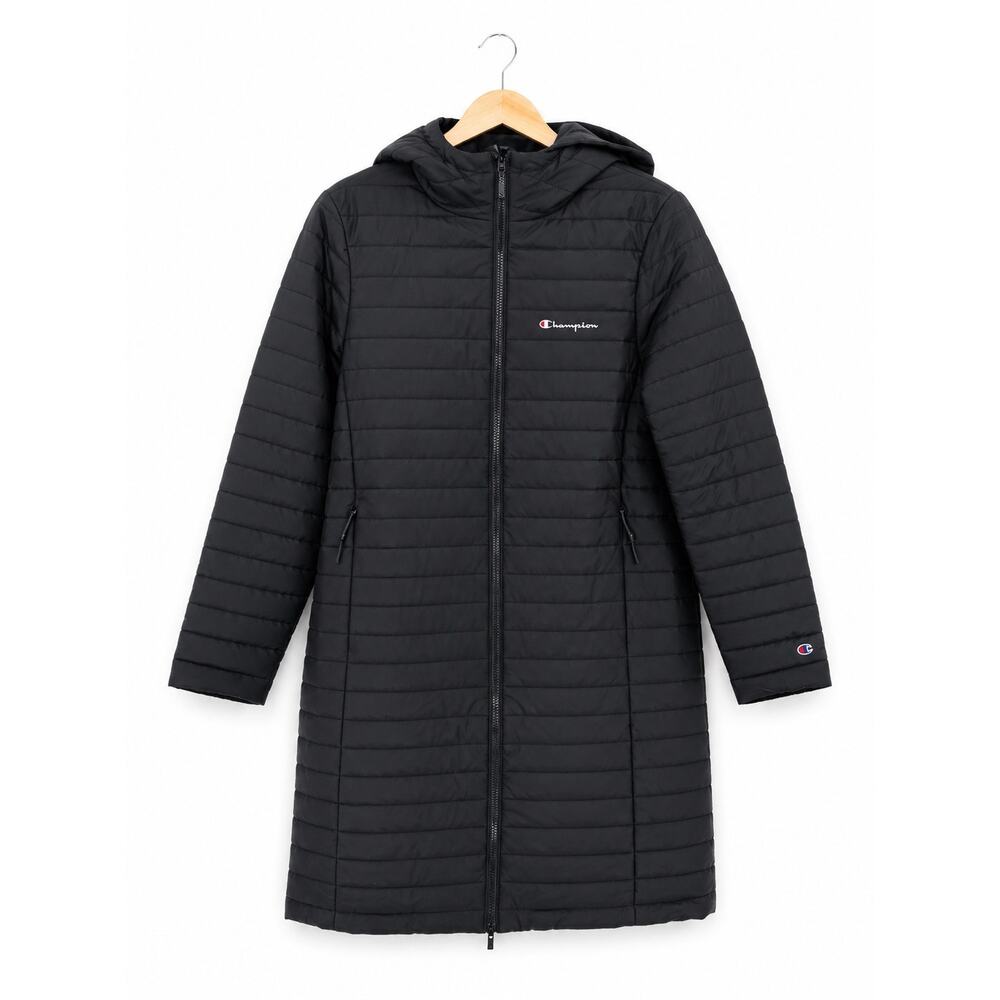 Champion Women's Long Puffer Jacket Large Black Hooded Quilted Parka Coat NWT